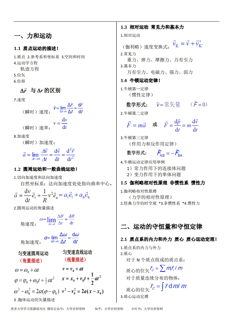 普通物理学(第六版)公式大全