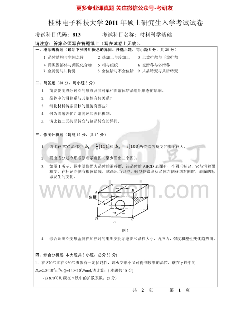 桂林电子科技大学813材料科学基础（A）2011-2015考研真题汇编.Image.Marked