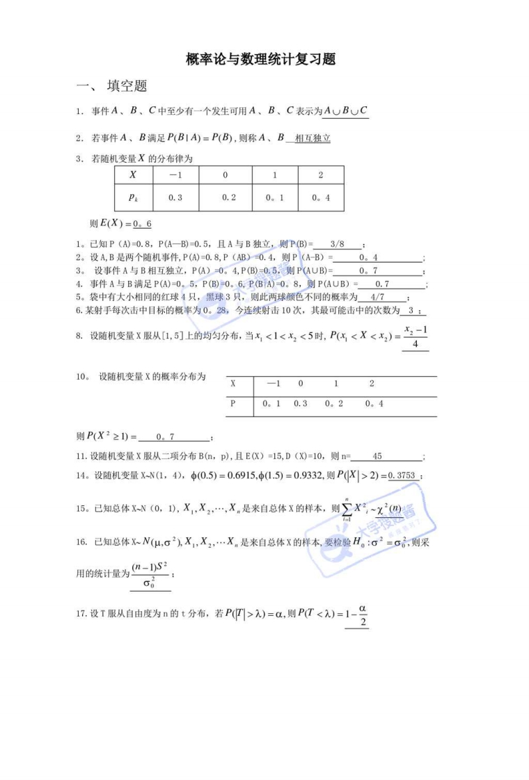 概率论与数理统计期末考试复习题_1632227-学习资源网 - 分享优质学习资料