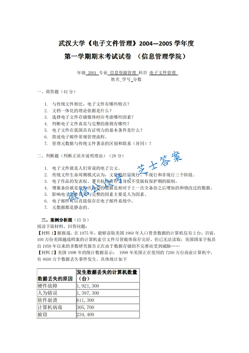 武汉大学《电子文件管理》2004-2005学年第一学期期末试卷-学习资源网 - 分享优质学习资料