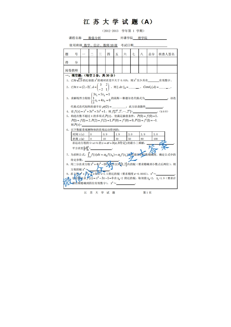 江苏大学《数值分析》2012-2013学年第一学期期末试卷A卷