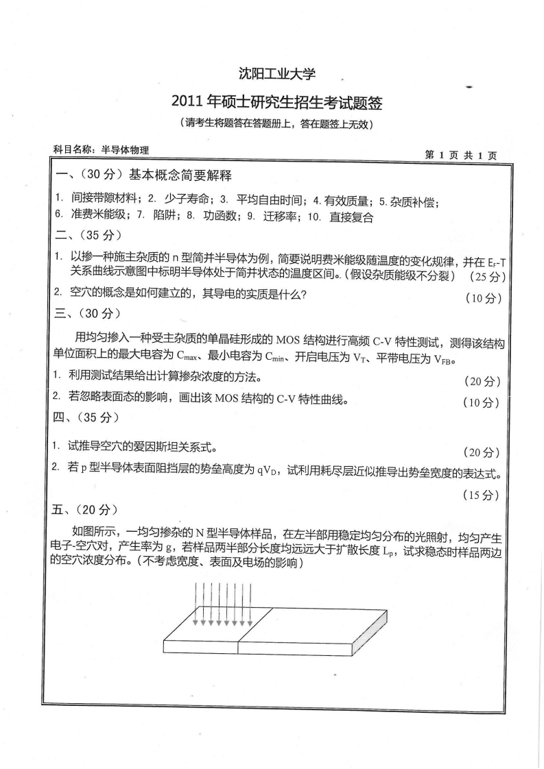 沈阳工业大学806半导体物理2011年考研试题-学习资源网 - 分享优质学习资料