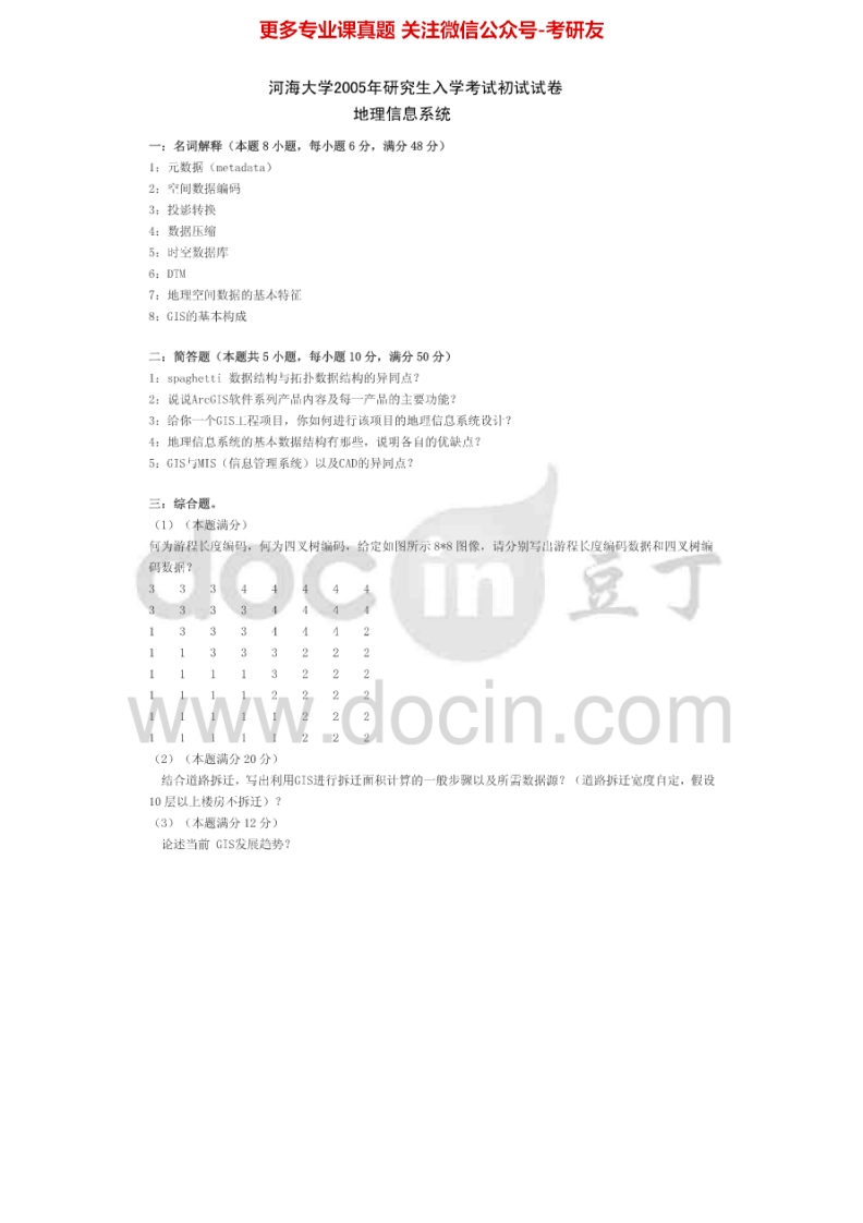 河海大学地理信息系统2005、2006汇编考研真题考研真题汇编