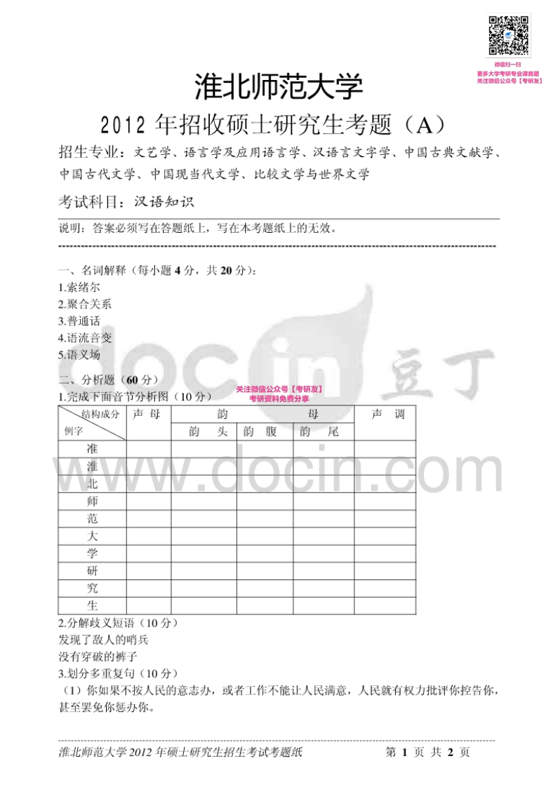 淮北师范大学811汉语知识2012-2015考研真题汇编