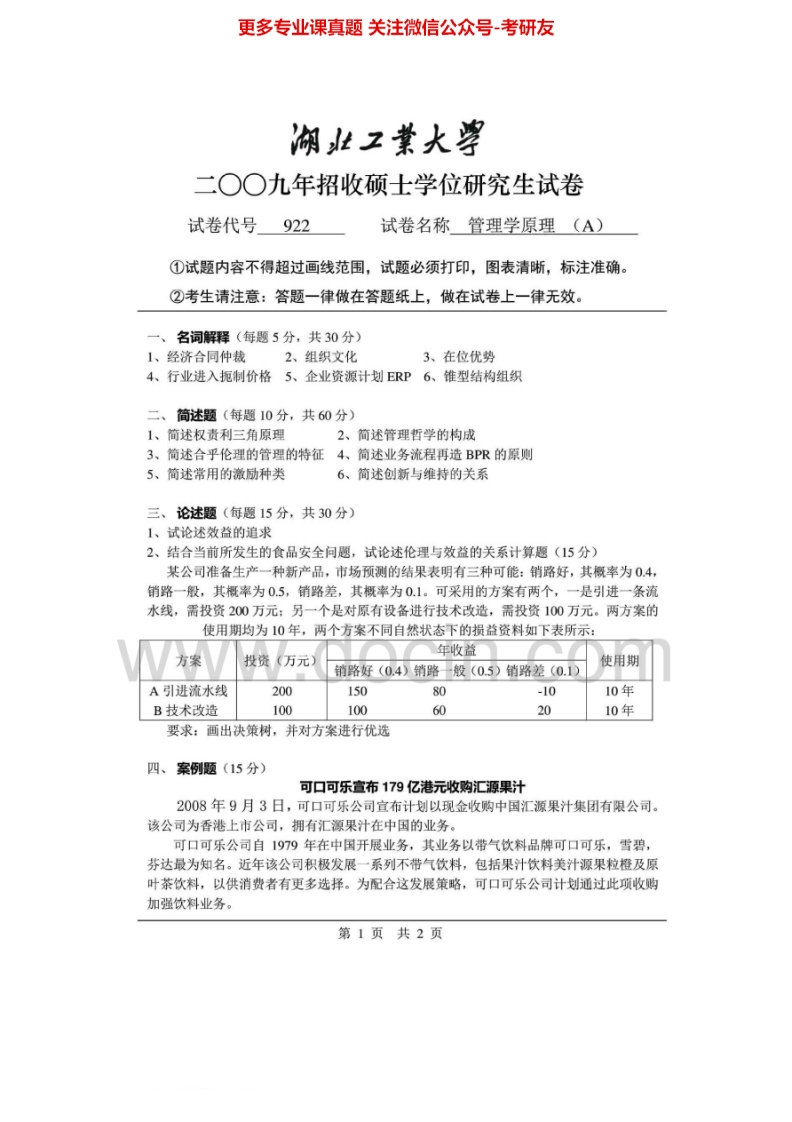 湖北工业大学922管理学原理2004-2009真题其中2008-2009有答案考研真题汇编