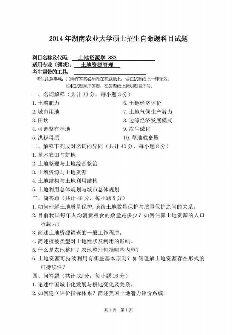 湖南农业大学-土地资源学-2014