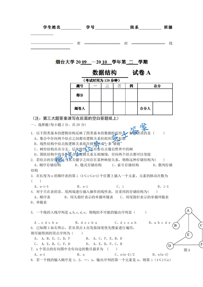 烟台大学《数据结构》2009-2010学年第二学期期末试卷A卷-学习资源网 - 学习助手专注分享优质学习资源