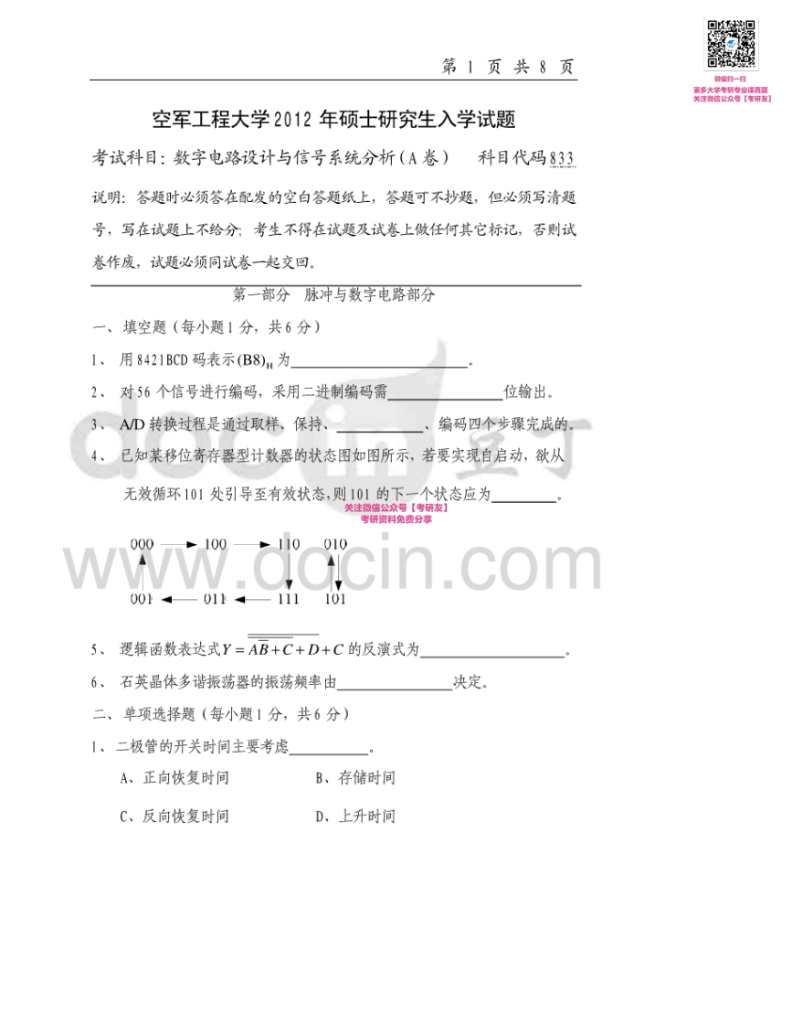 空军工程大学891数字电路设计与信号系统分析2012-2015考研真题汇编