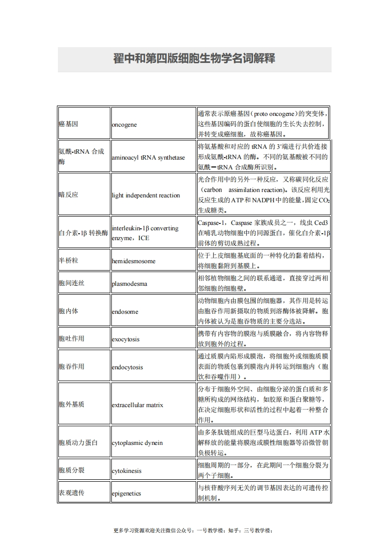 细胞生物学名词解释