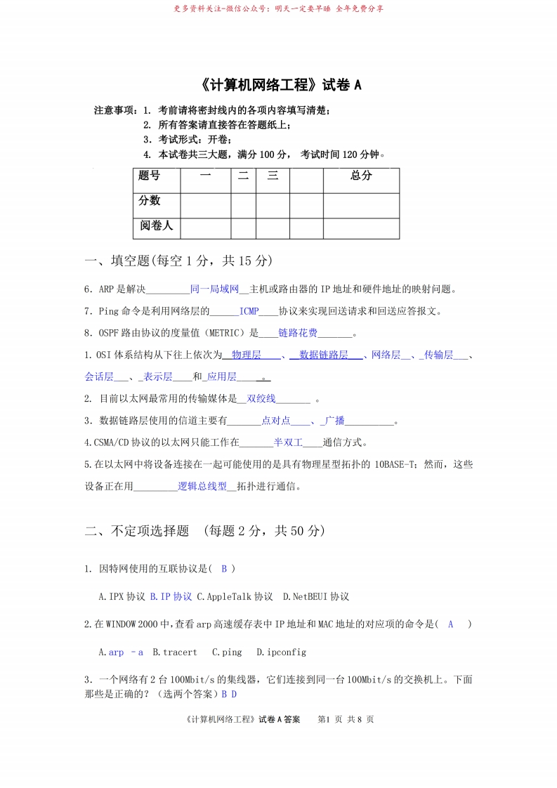 网络工程试题及答案