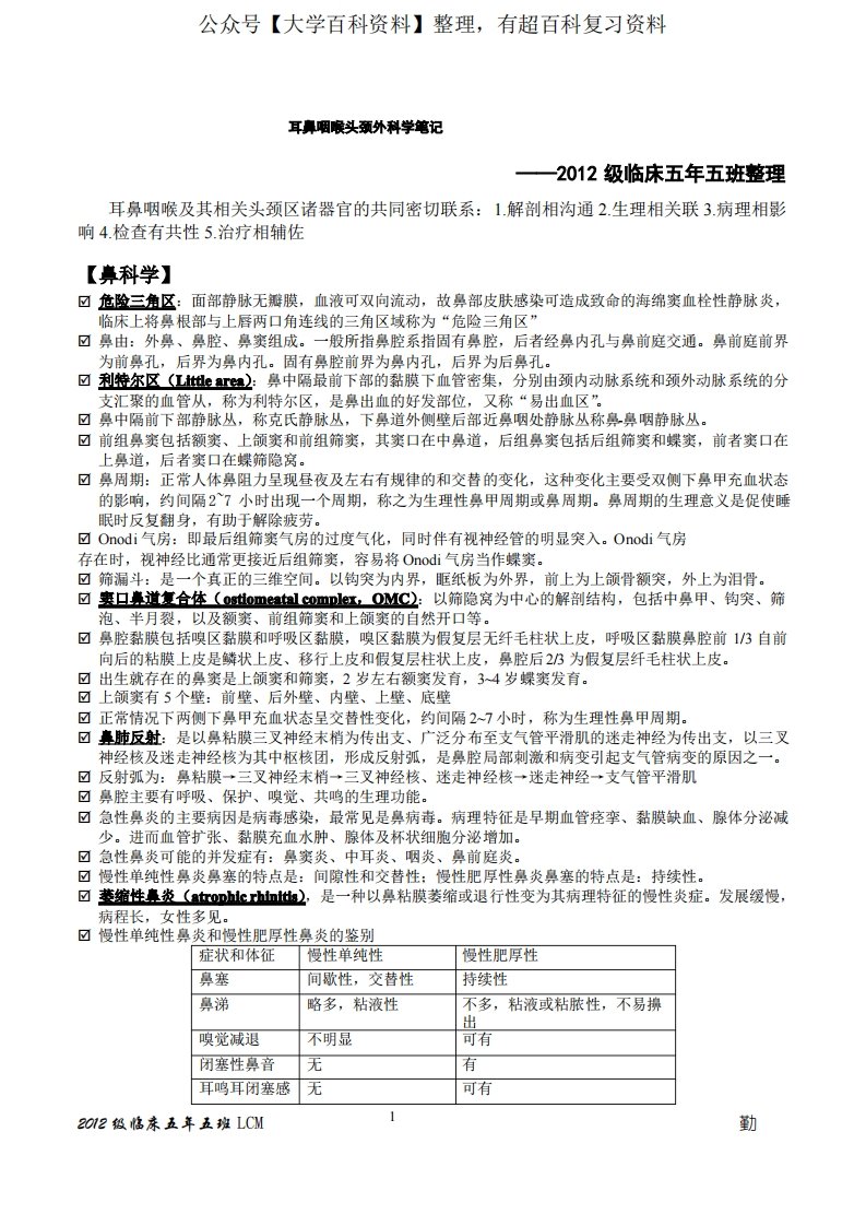 耳鼻喉科重点总结耳鼻咽喉头颈外科学笔记(期末考研复试)