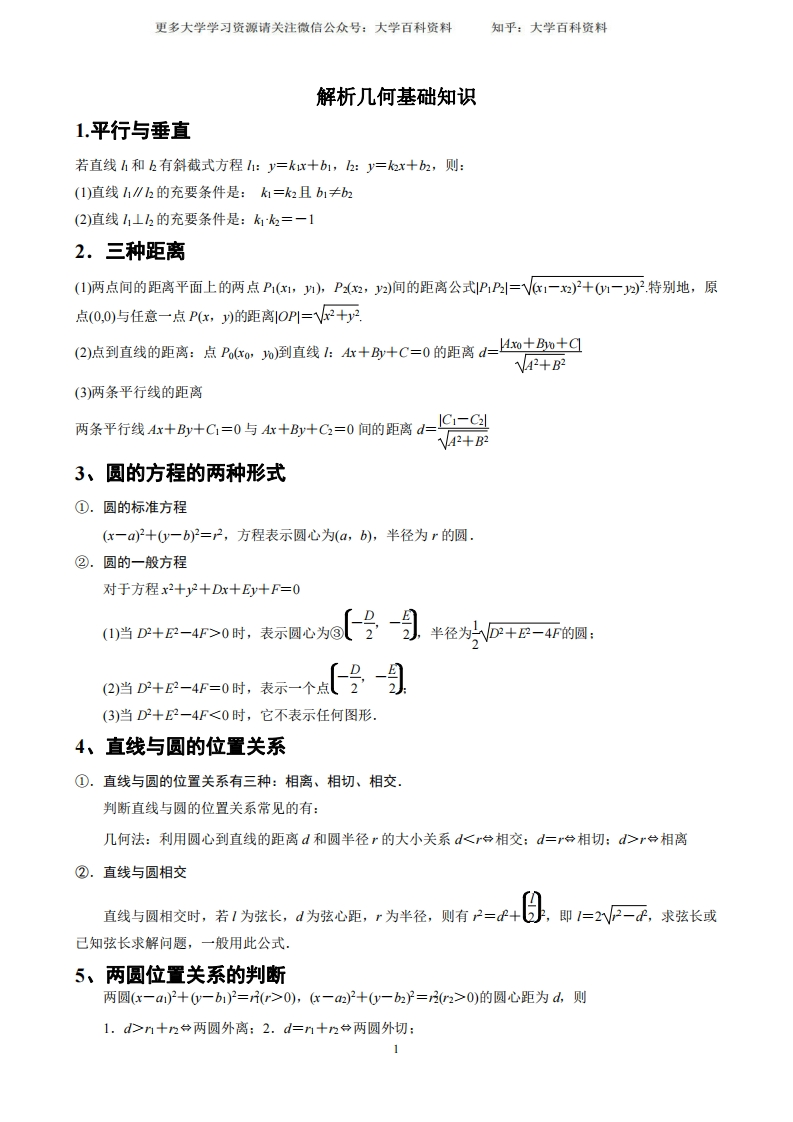 解析几何基础知识汇总-学习资源网 - 学习助手专注分享优质学习资源