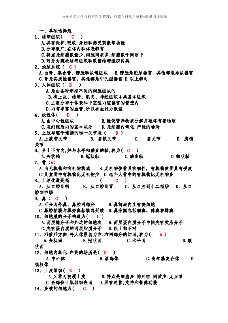 运动解剖学试题册答案