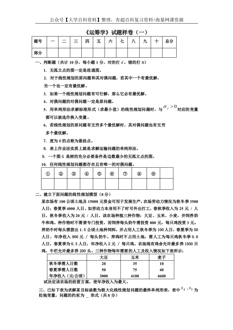 运筹学期末试题-学习资源网 - 学习助手专注分享优质学习资源