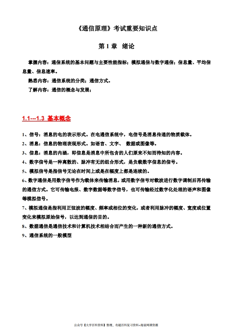 通信原理期末考试复习重点总结(完整版)
