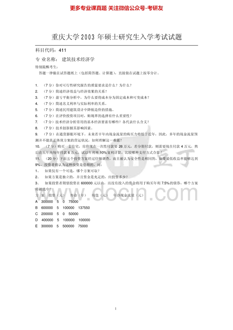 重庆大学建筑技术经济学2003-2014考研真题汇编-学习资源网 - 分享优质学习资料