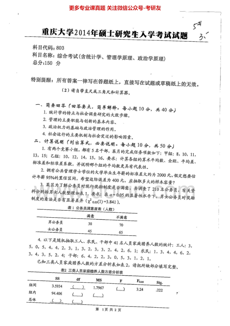 重庆大学综合考试（含统计学、管理学原理、政治学原）2014考研真题汇编-学习资源网 - 分享优质学习资料