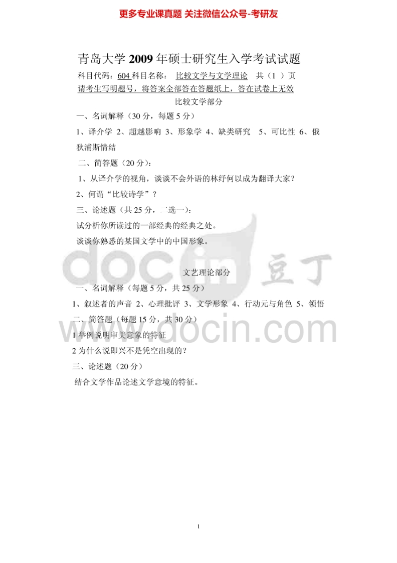 青岛大学比较文学与文学理论历年真题2009-2010、2013考研真题汇编