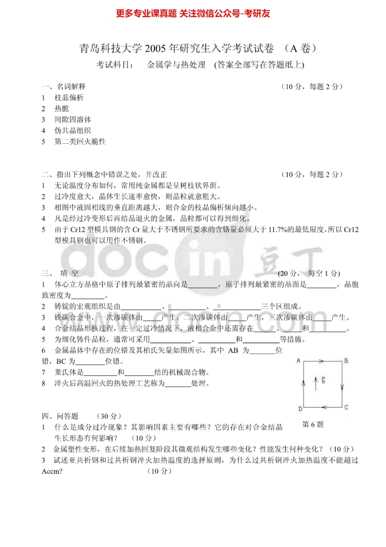青岛科技大学金属学与热处理2005-2007、2009-2012考研真题汇编.Image.Marked