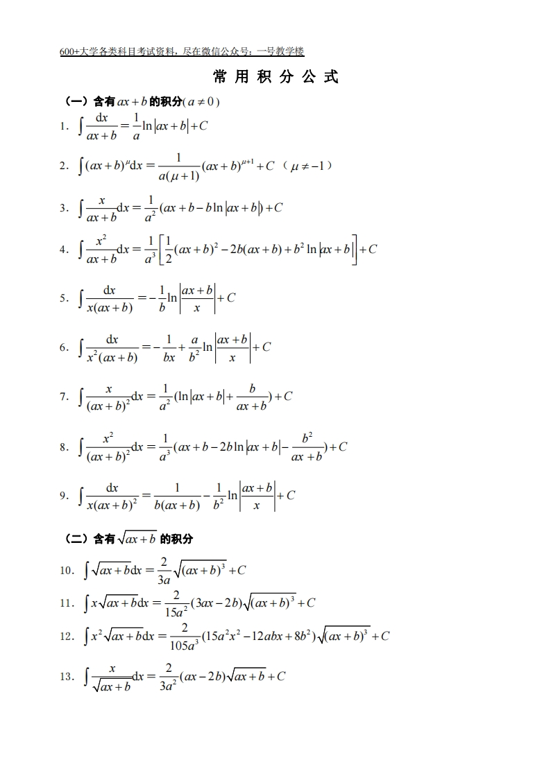 高等数学积分公式大全-学习资源网 - 分享优质学习资料