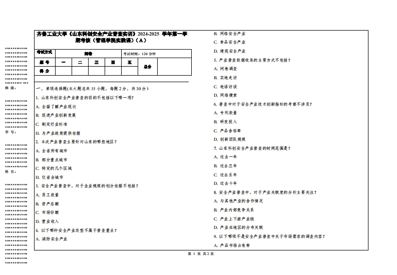 齐鲁工业大学《山东科创安全产业普查实训》2024-2025学年第一学期考核（管理学院实践课）