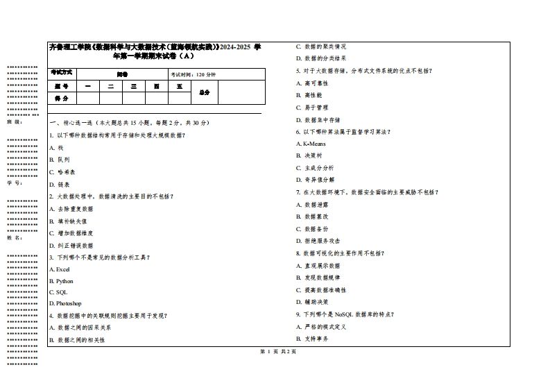 齐鲁理工学院《数据科学与大数据技术（蓝海领航实践）》2024-2025学年第一学期期末试卷